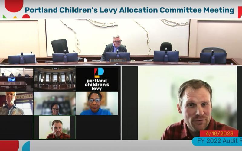 photo of Craig Popp, audit manager from Merina + Co., presenting via Zoom at the April 18, 2023 Allocation Committee meeting